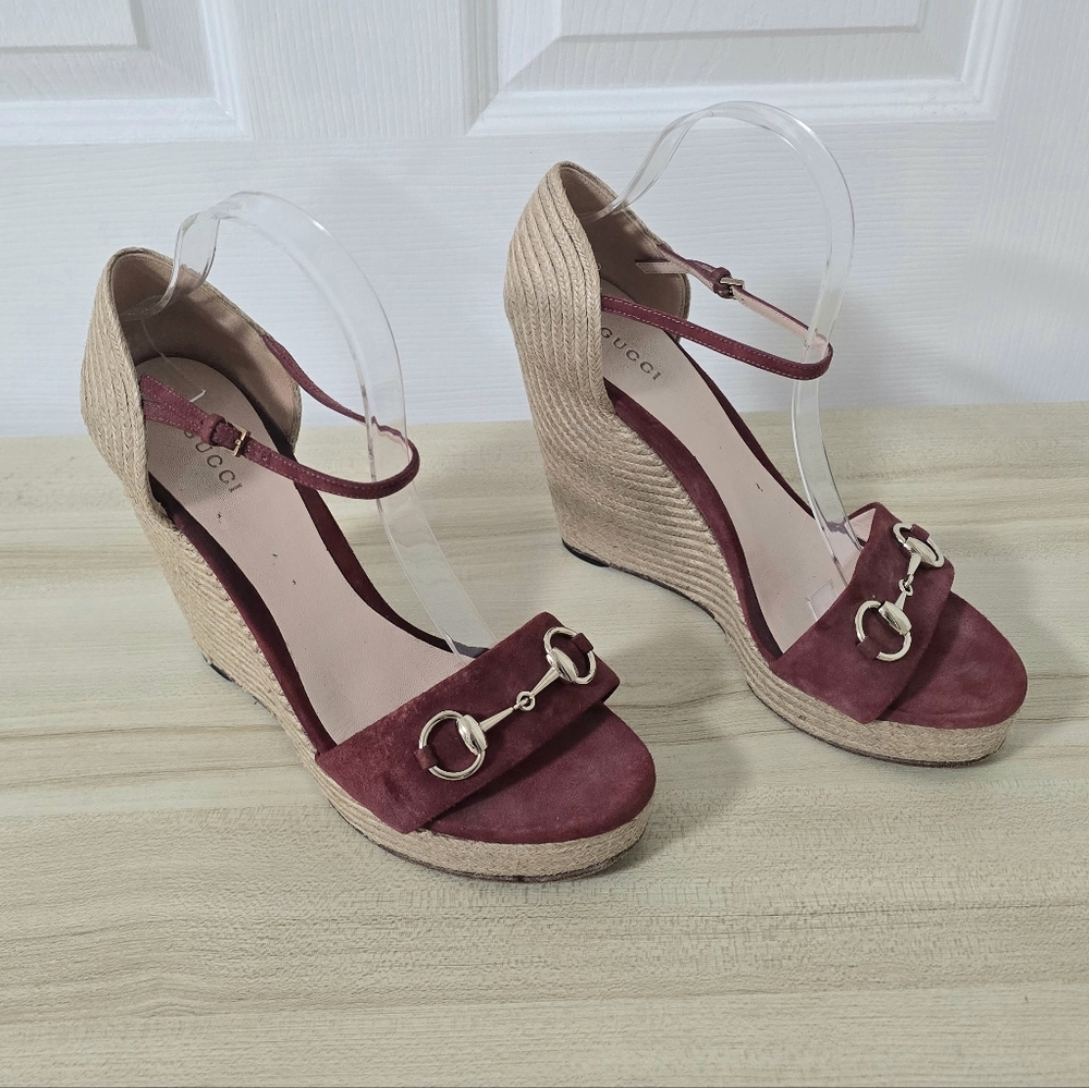 Gucci Horsebit Suede Wedge Espadrille Sandals In Dry Rose Size EU40/US10 - Picture 2 of 15